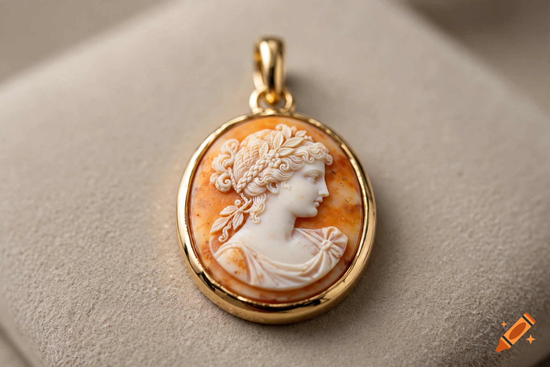 An orange and white cameo pendant in a yellow gold bezel, set against a soft fabric background, photorealistic style.