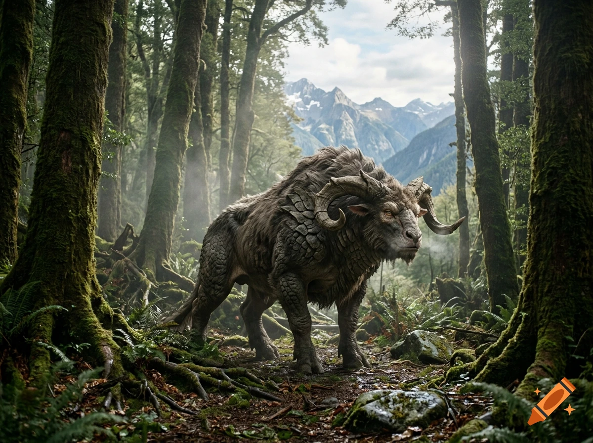 Photorealistic image of a large mythical creature with ram horns and fur standing in a misty, mossy forest with mountains in the background.