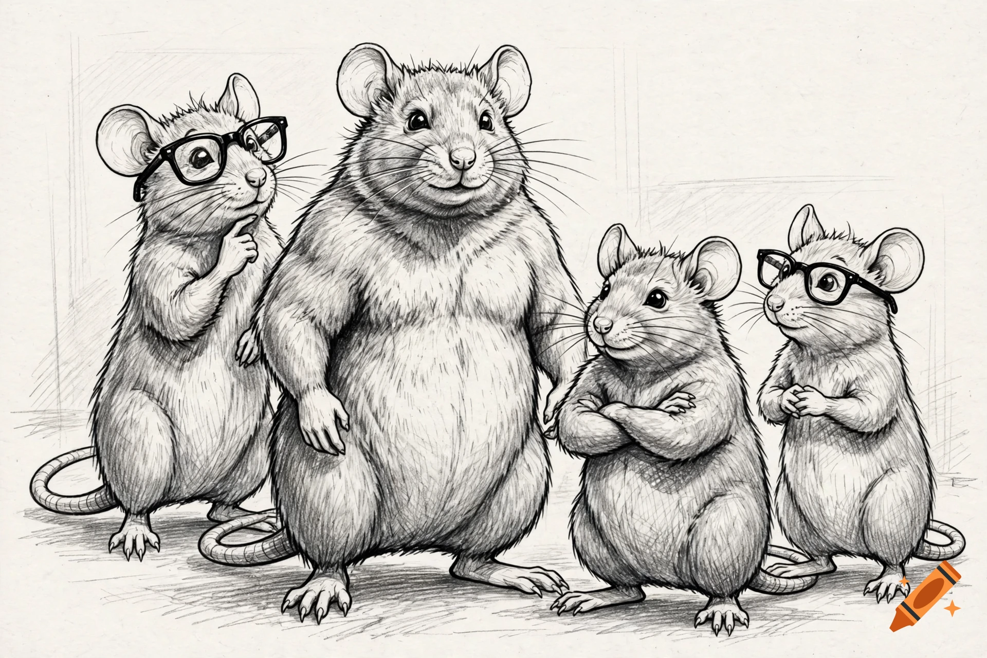 Pencil drawing of four anthropomorphic mice standing together, two wearing glasses, in an illustration style.