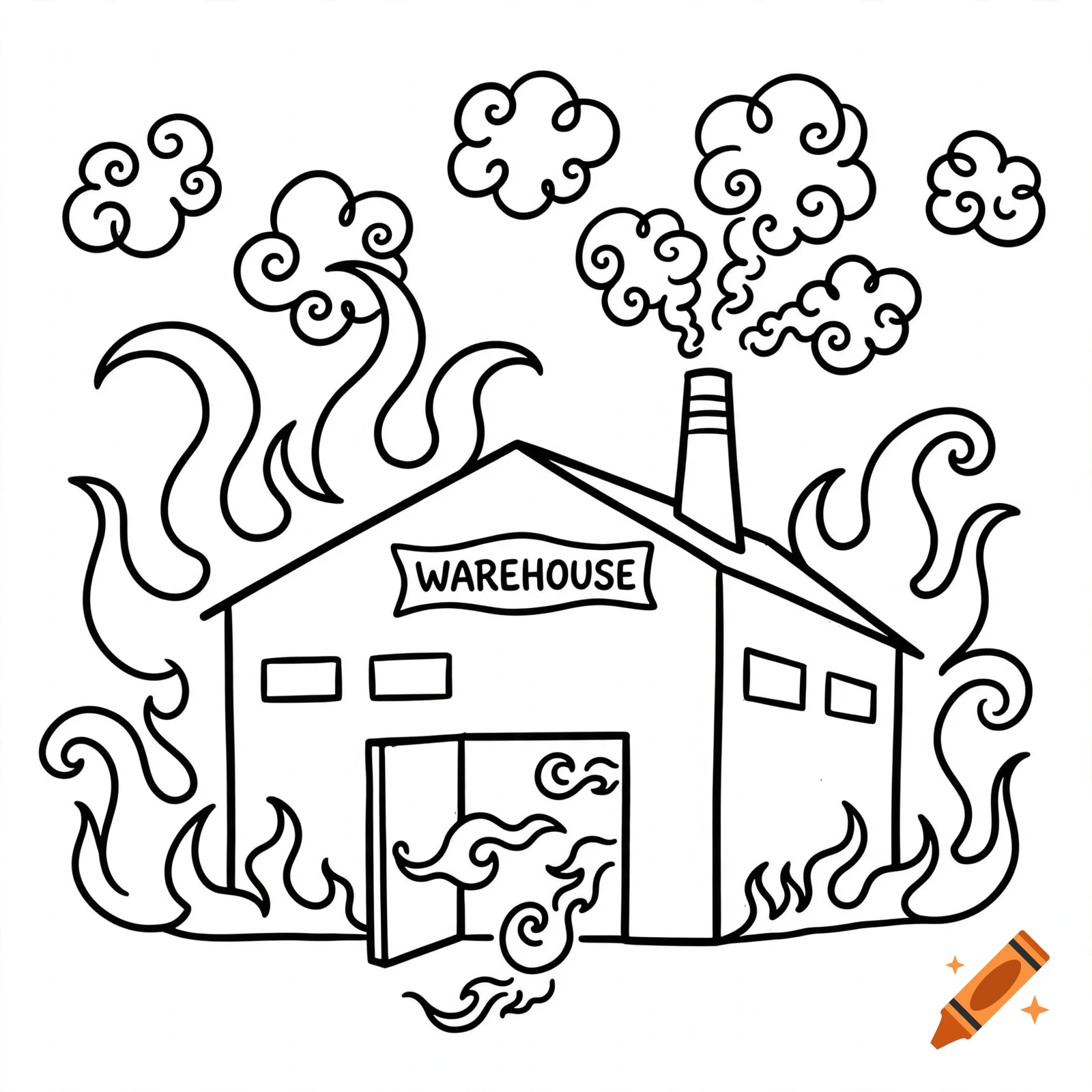 Black and white outline coloring page of a warehouse on fire with smoke billowing from the chimney and clouds overhead.
