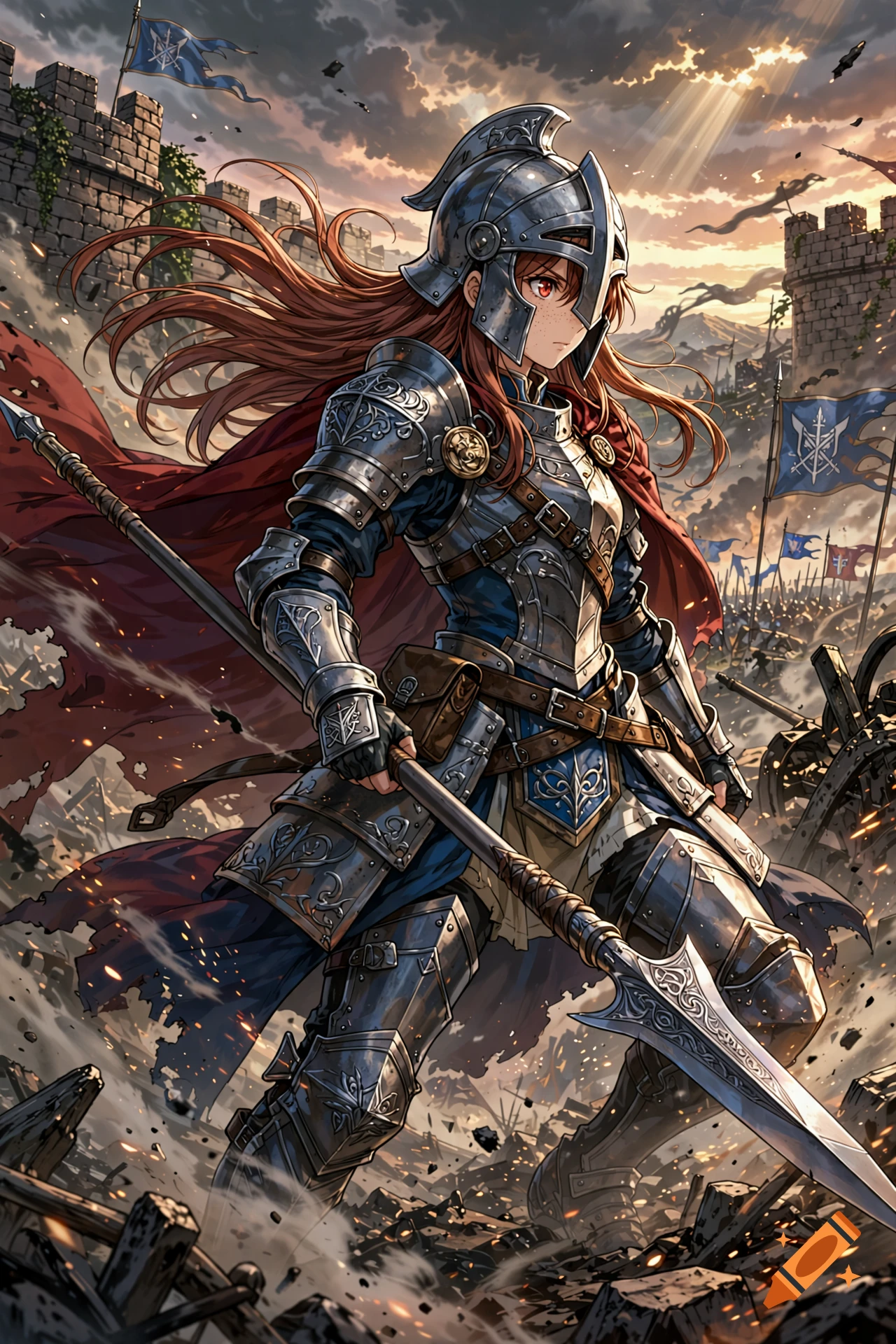 Anime style illustration of a female knight in detailed silver armor holding a spear amidst a battlefield.