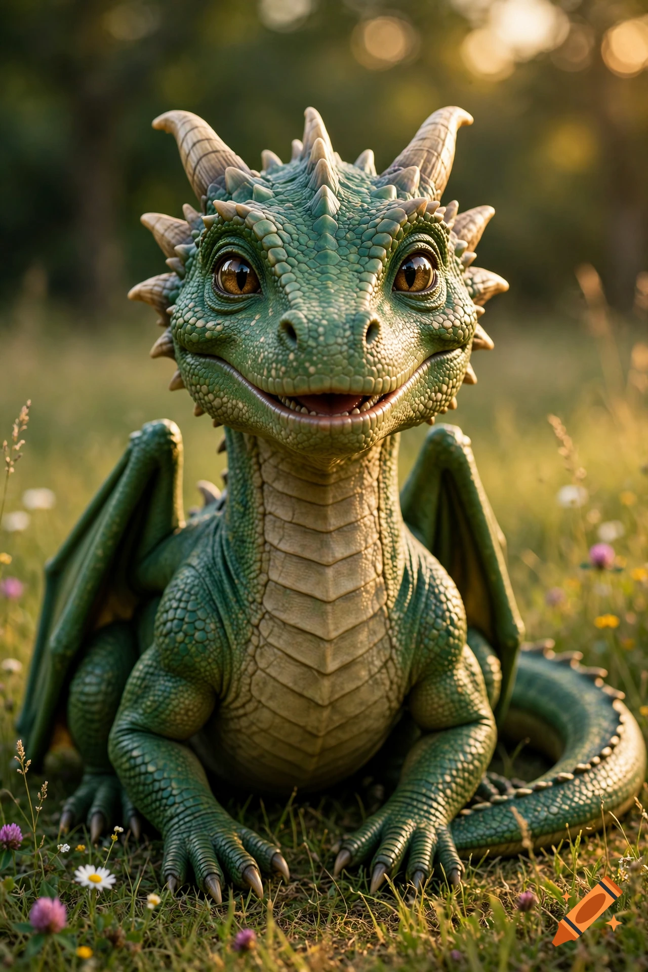 Close-up photorealistic portrait of a cute, green baby dragon with large amber eyes sitting in a grassy meadow.