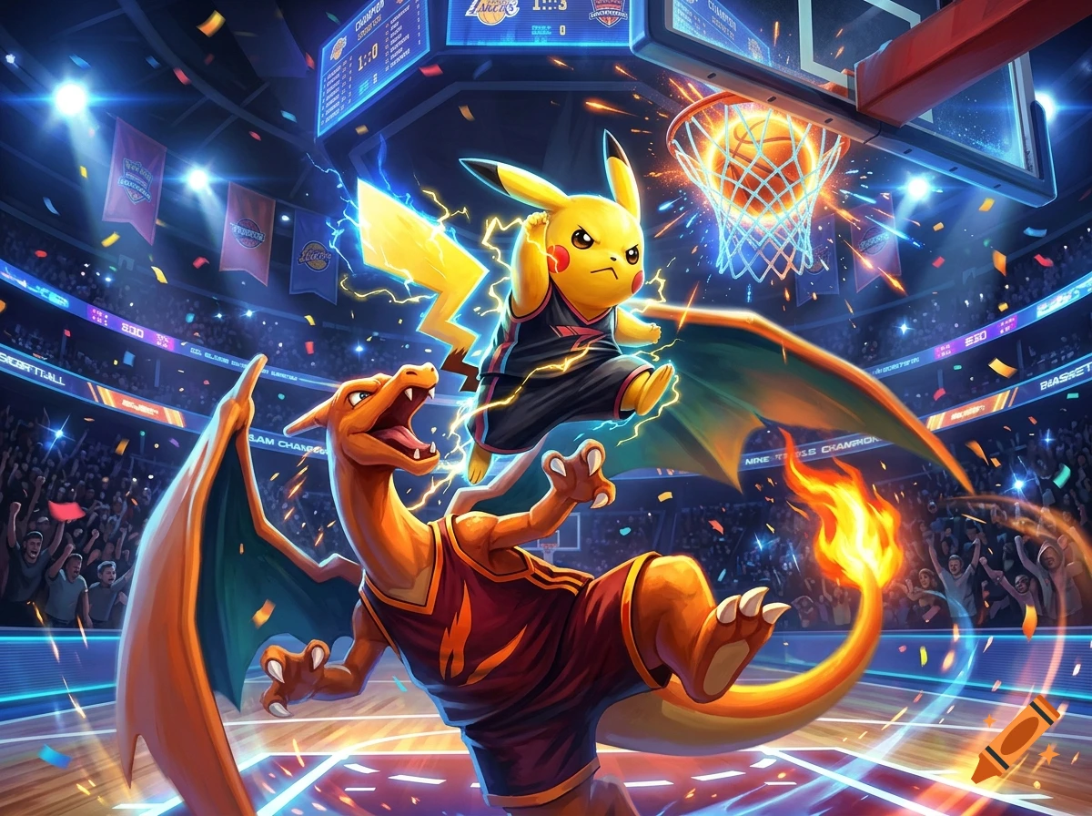 Digital illustration of Pikachu dunking a basketball over Charizard in a crowded sports arena.