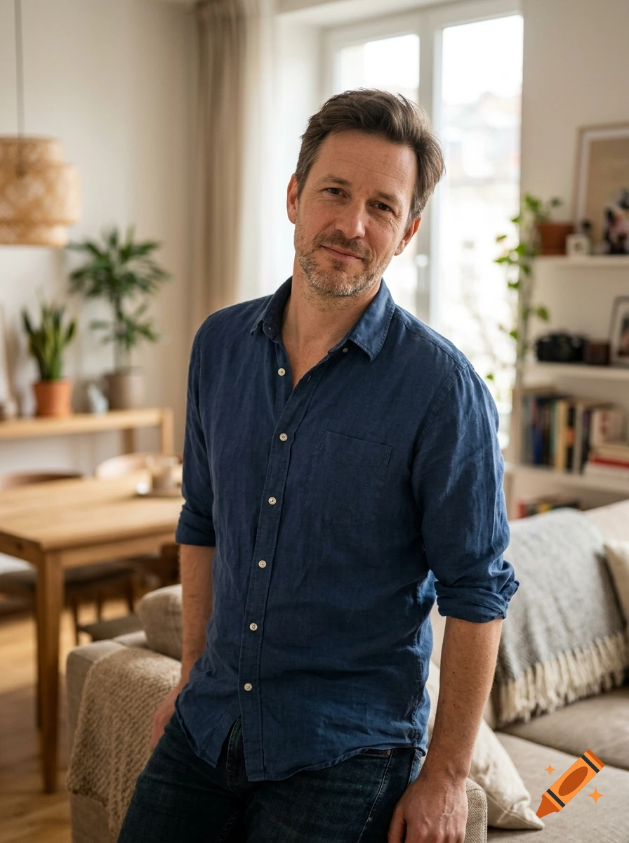 Photorealistic medium shot of a 39-year-old man standing in a modern living room, wearing a blue linen shirt.