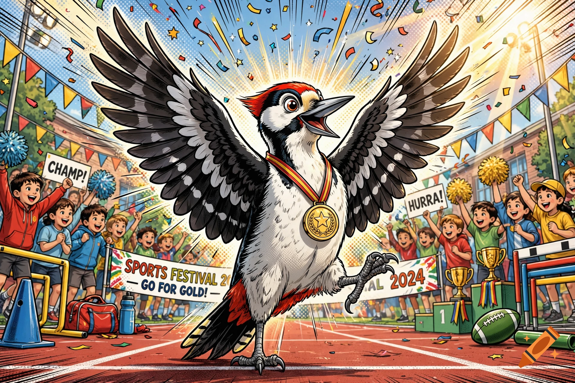 Comic style illustration of a woodpecker winning a school sports festival, wearing a medal and cheering on a running track.
