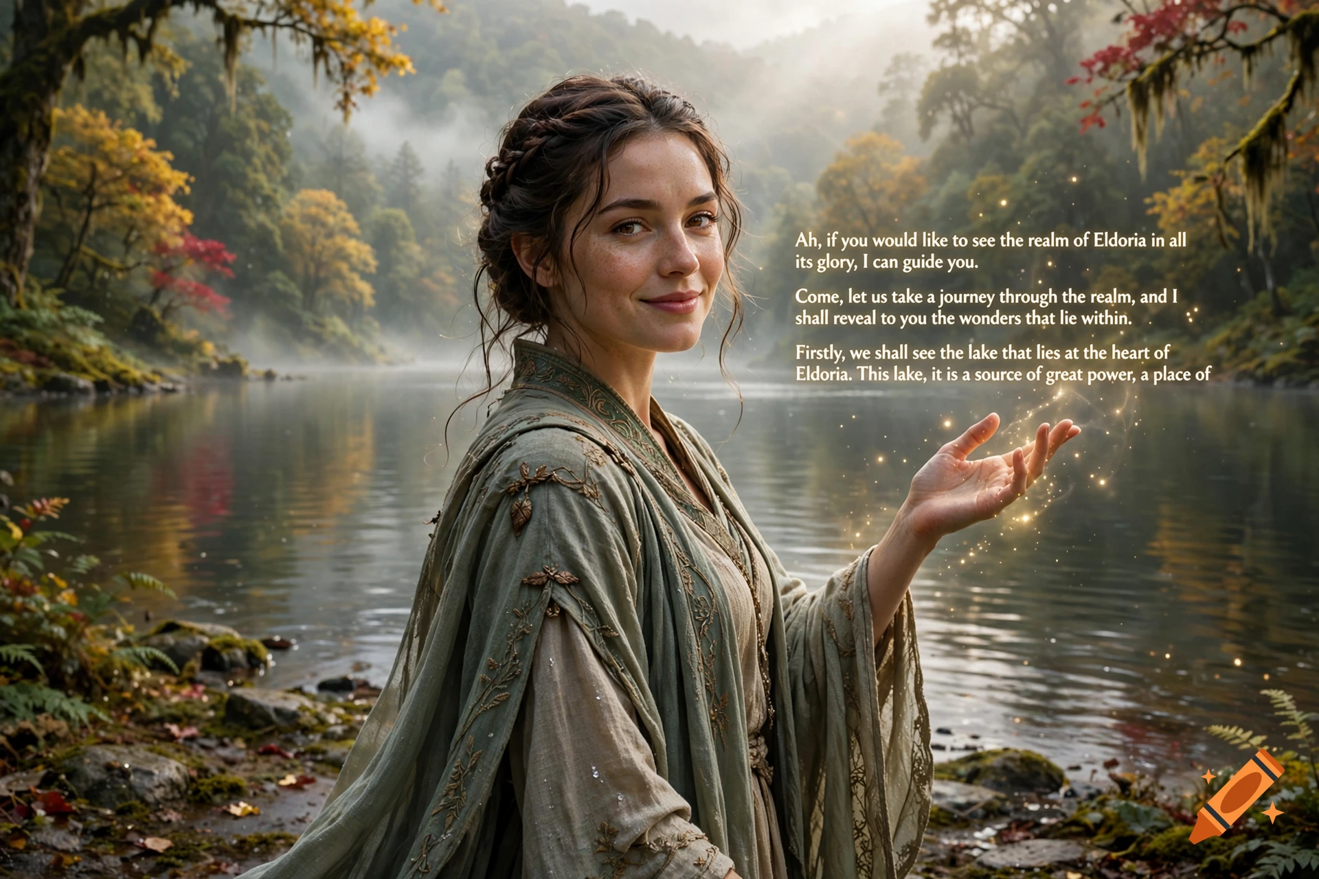 Photorealistic portrait of a smiling young woman in fantasy attire standing by a misty lake, holding glowing magical light.