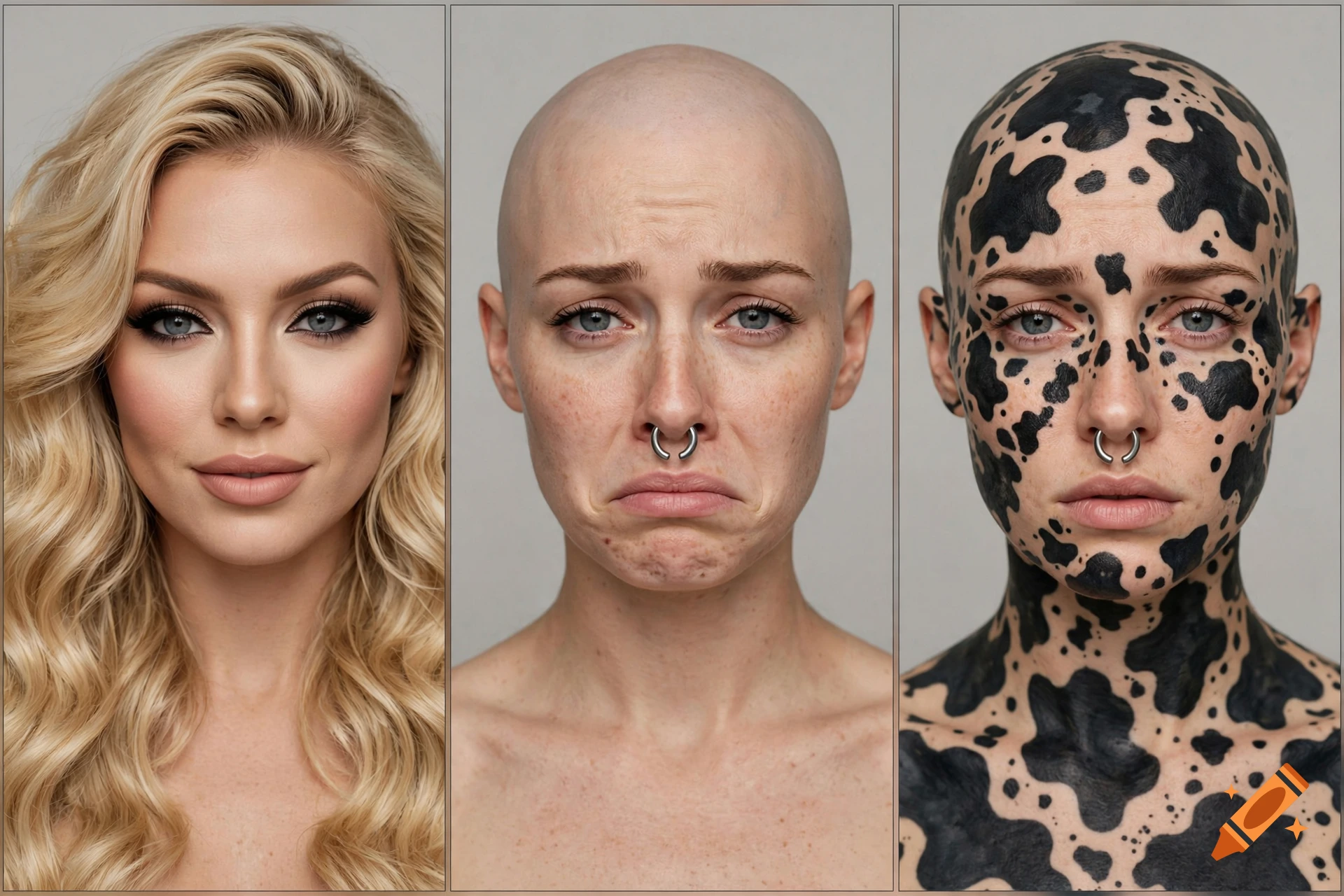 Photorealistic three-panel portrait of a woman showing a glamorous look, a shaved head with natural skin, and a shaved head with black cow-spot tattoos.