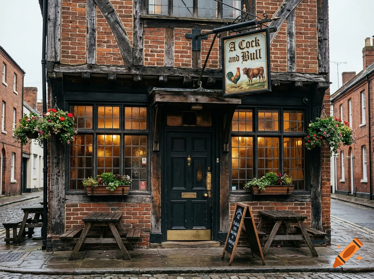 Photorealistic exterior view of an old English pub named 'A Cock and Bull' with brick facade, wooden beams, and lit windows on a wet street.
