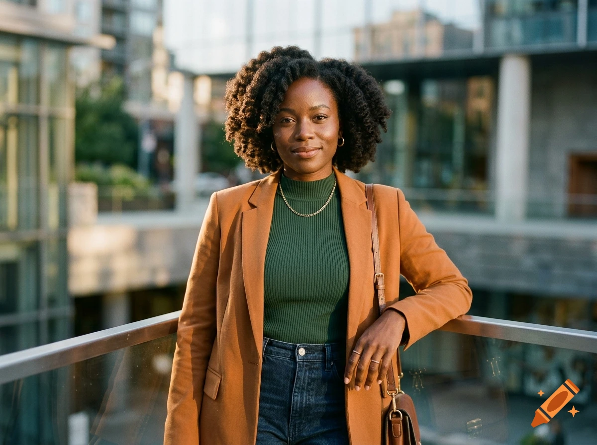A portrait of a Black woman with natural dark hair, wearing a brown blazer, green turtleneck, and a gold chain necklace, leaning against a railing in an urban setting.