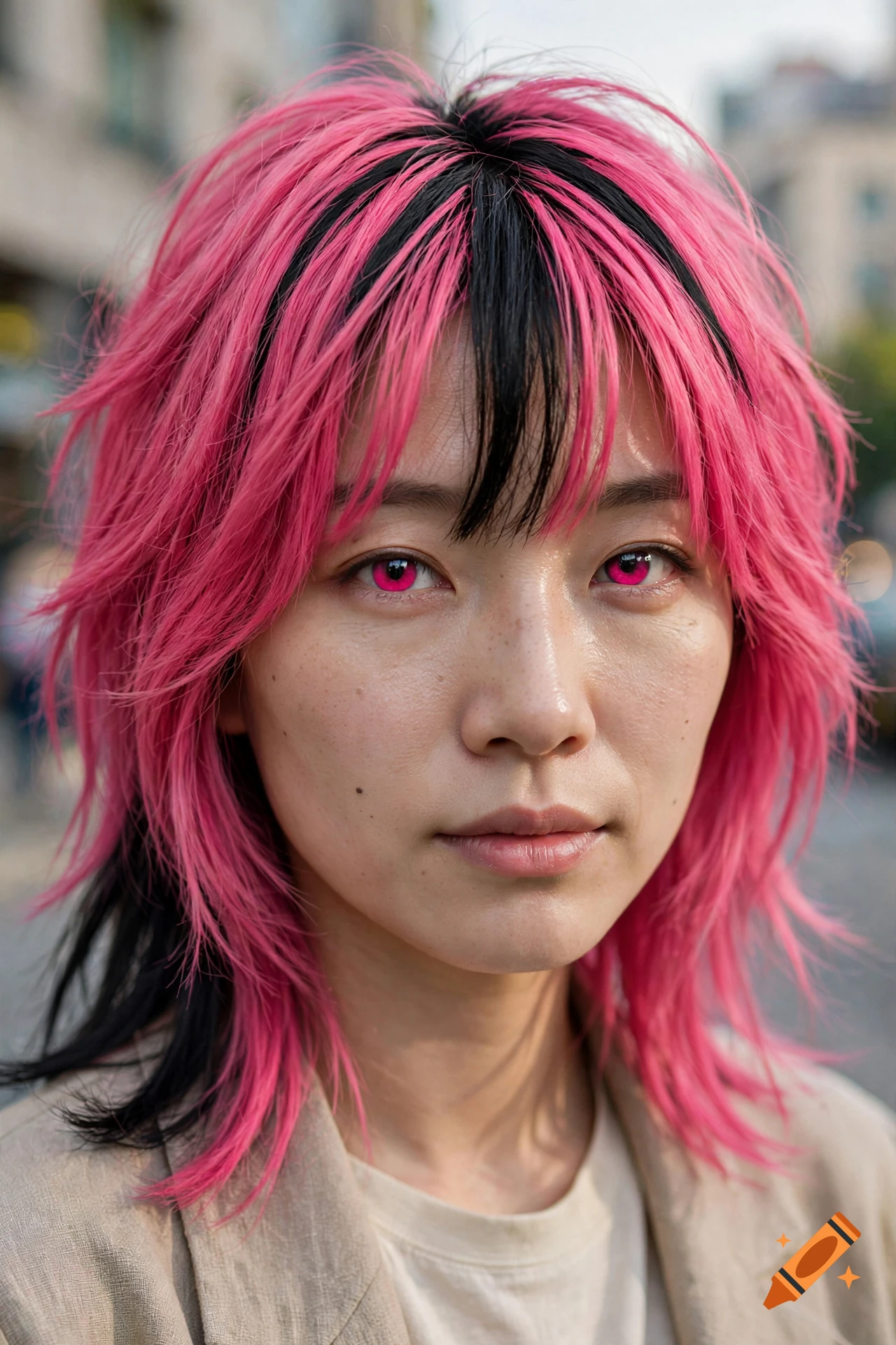 Close-up portrait of a young woman with vibrant hot pink hair featuring black streaks, and striking pink eyes, outdoors.