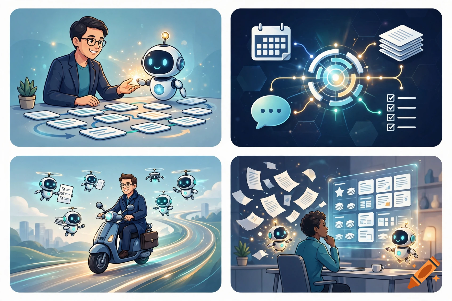 Four-panel cartoon illustration showing business professionals and friendly robots collaborating on productivity and workflow systems.