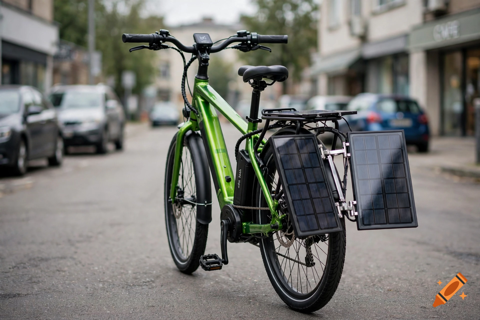 Photorealistic image of a green electric bicycle with solar panels deployed on the rear rack, parked on a city street.