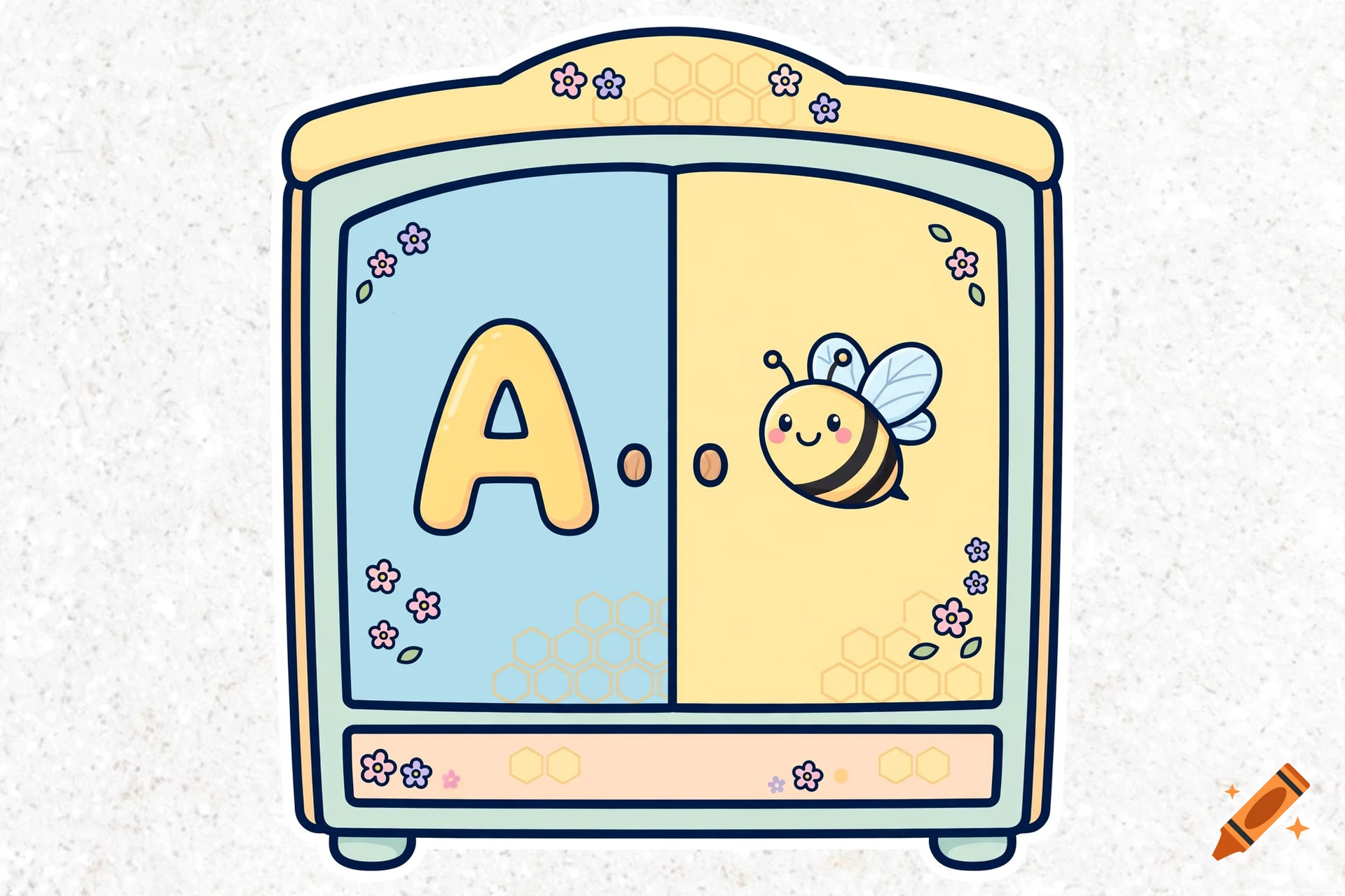 Cute sticker of a pastel wardrobe with a capital letter A and a happy cartoon bee, in a kawaii vector illustration style.