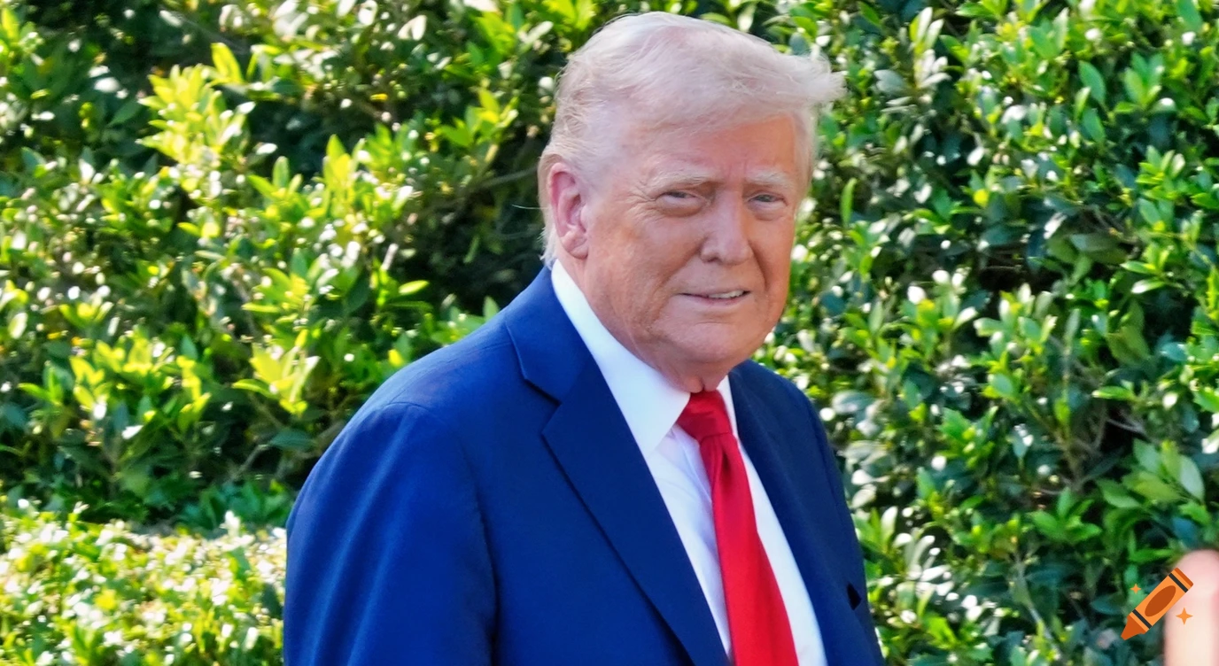 Portrait of Donald Trump wearing a dark blue suit and red tie in front of green bushes.