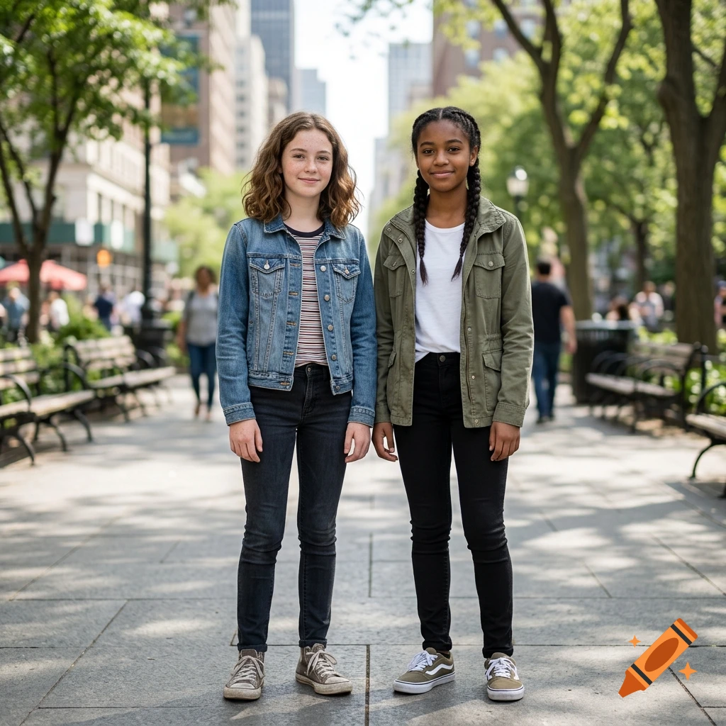 Photorealistic full-body portrait of two teenage girls standing on a New York City sidewalk in a park.