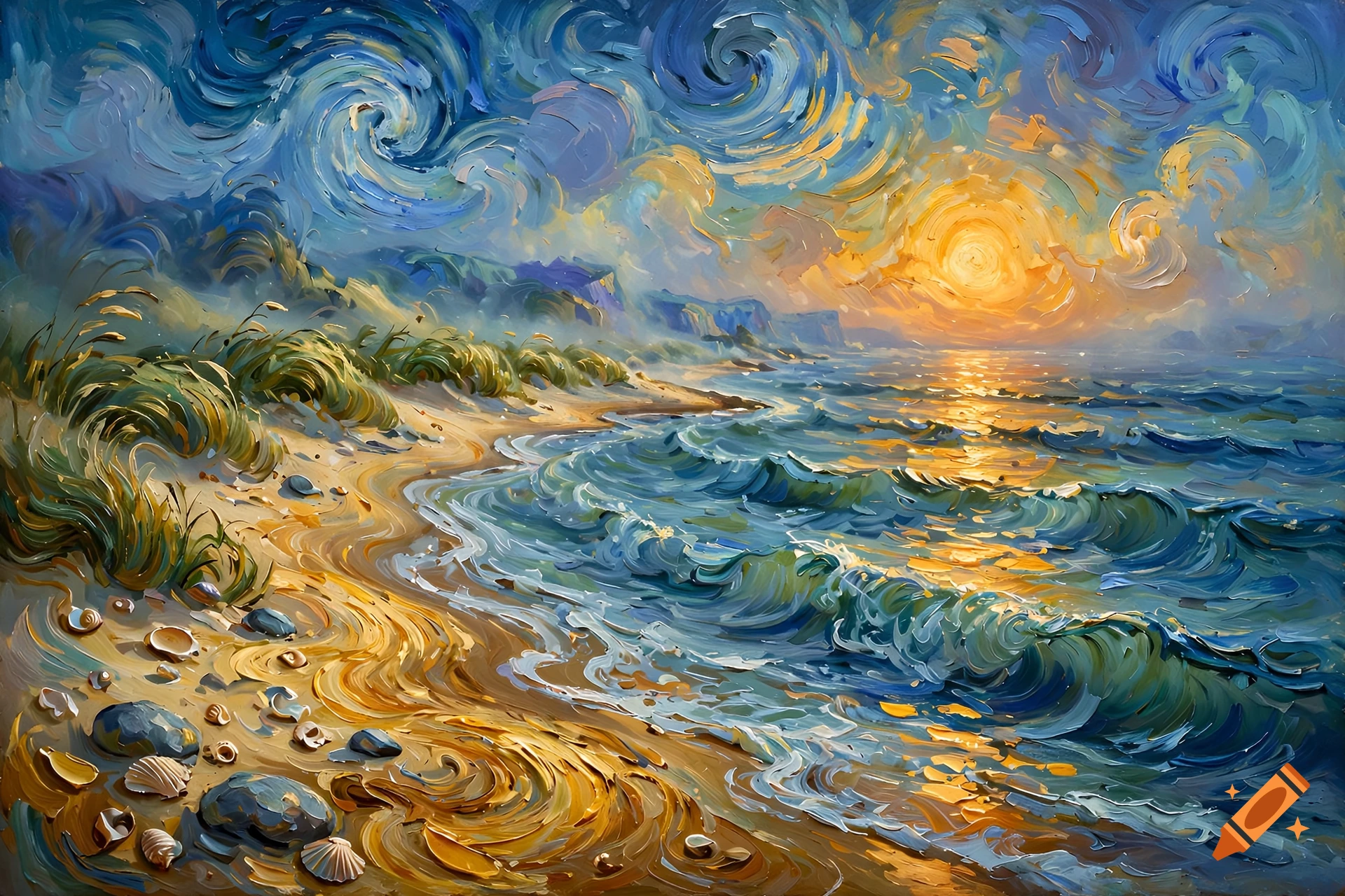 An impasto oil painting of a coastal sunset with swirling skies, waves crashing on a sandy beach, and grassy dunes.