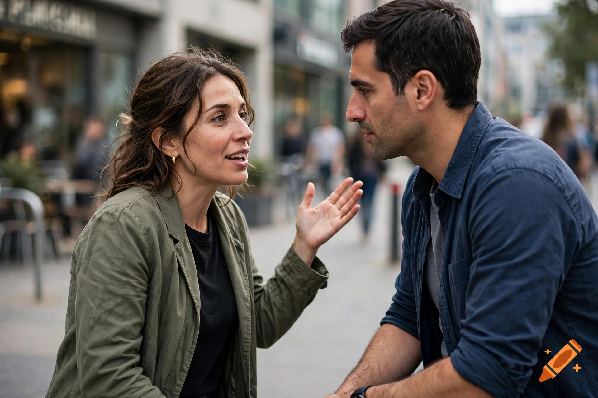 A man and a woman having an intense conversation outdoors on a city street.