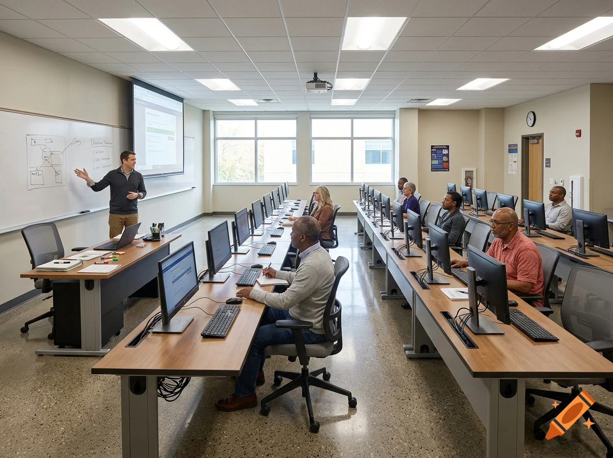 Photorealistic image of a computer lab classroom with a teacher presenting at a whiteboard and students at computers.