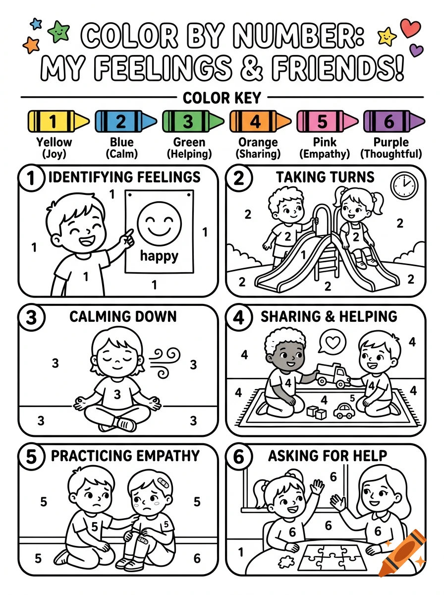Black and white color by number page featuring kids in various social and emotional situations.