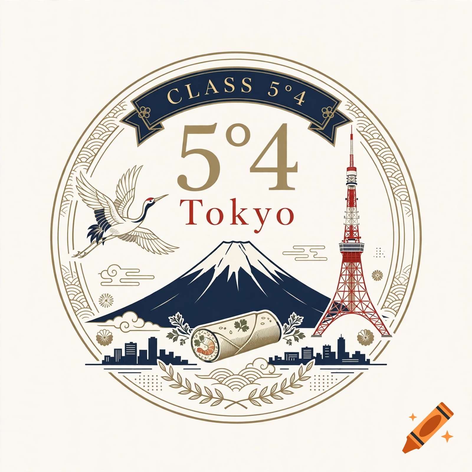 Circular logo for Tokyo class 5 4 featuring Mount Fuji, Tokyo Tower, a Japanese crane, and sushi.