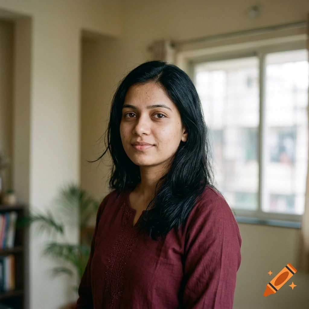 Photorealistic portrait of a young Indian woman with black hair and brown eyes wearing a maroon tunic, indoors.