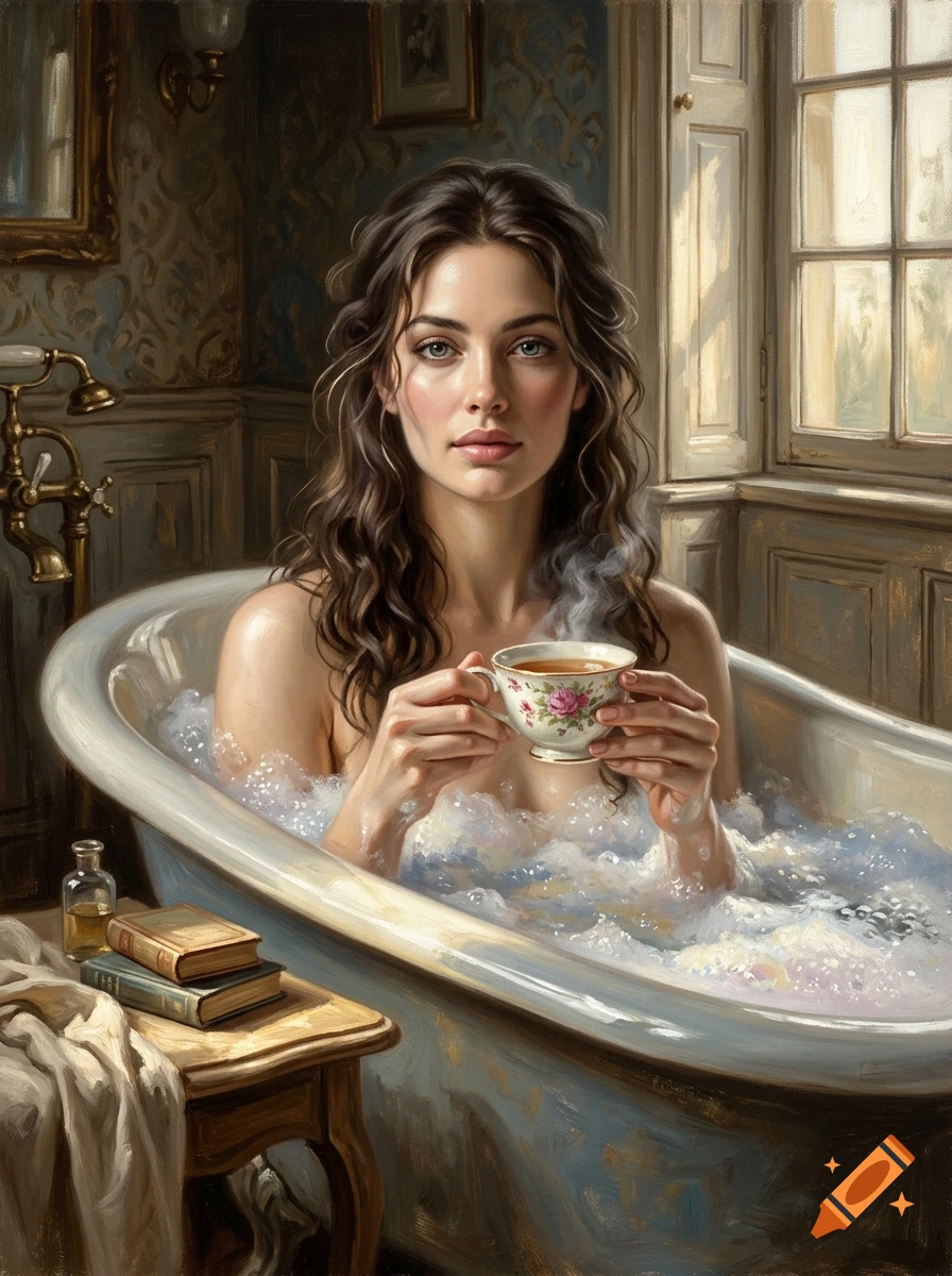 Oil painting of a woman with dark wavy hair sitting in a vintage bathtub, holding a steaming teacup.