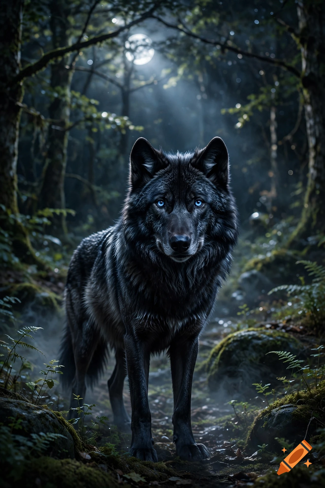 Photorealistic black wolf with glowing blue eyes standing in a mystical dark forest under a full moon.