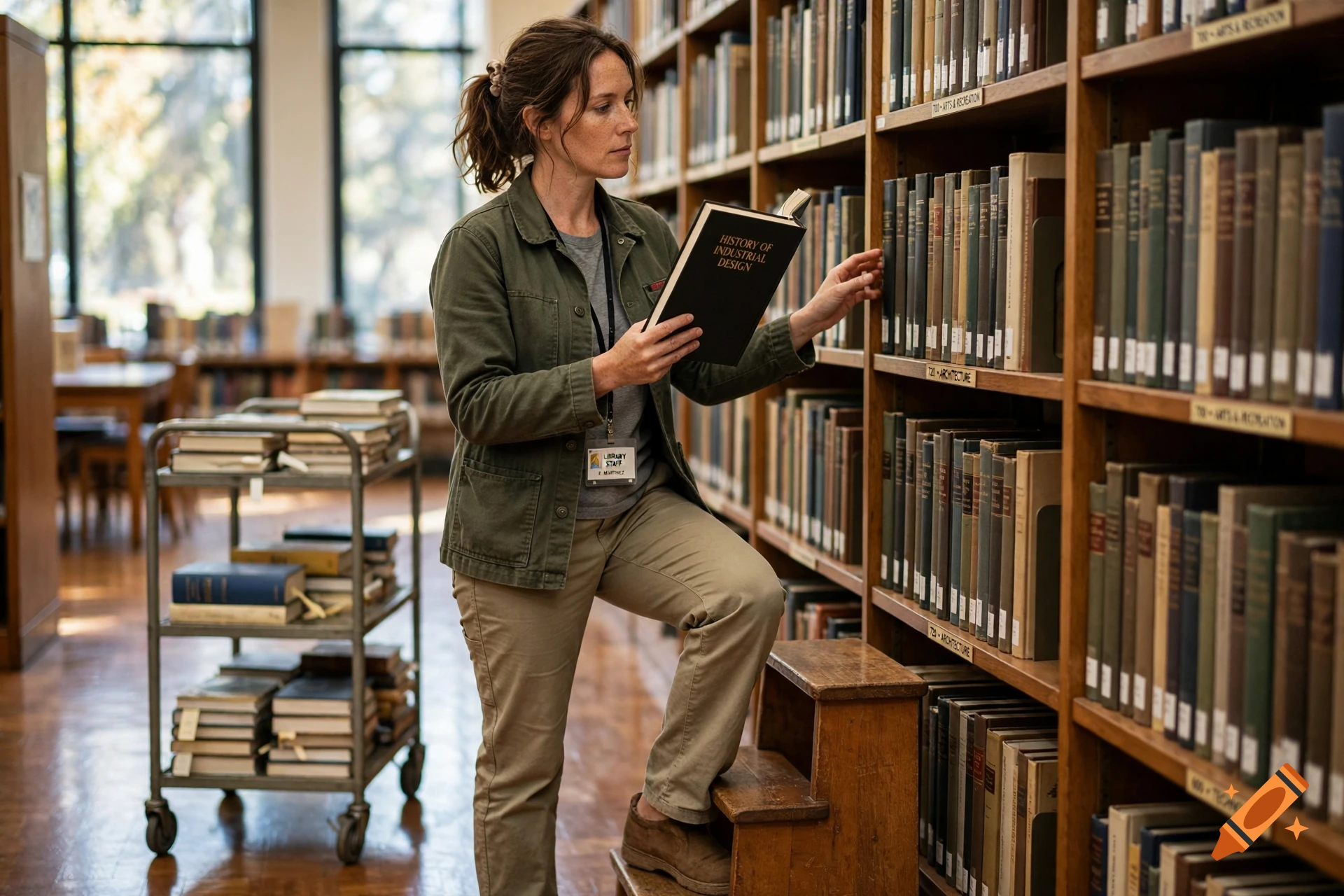 Photorealistic image of a woman working in a library, standing on a step stool while holding and reading a book titled 'History of Industrial Design'.