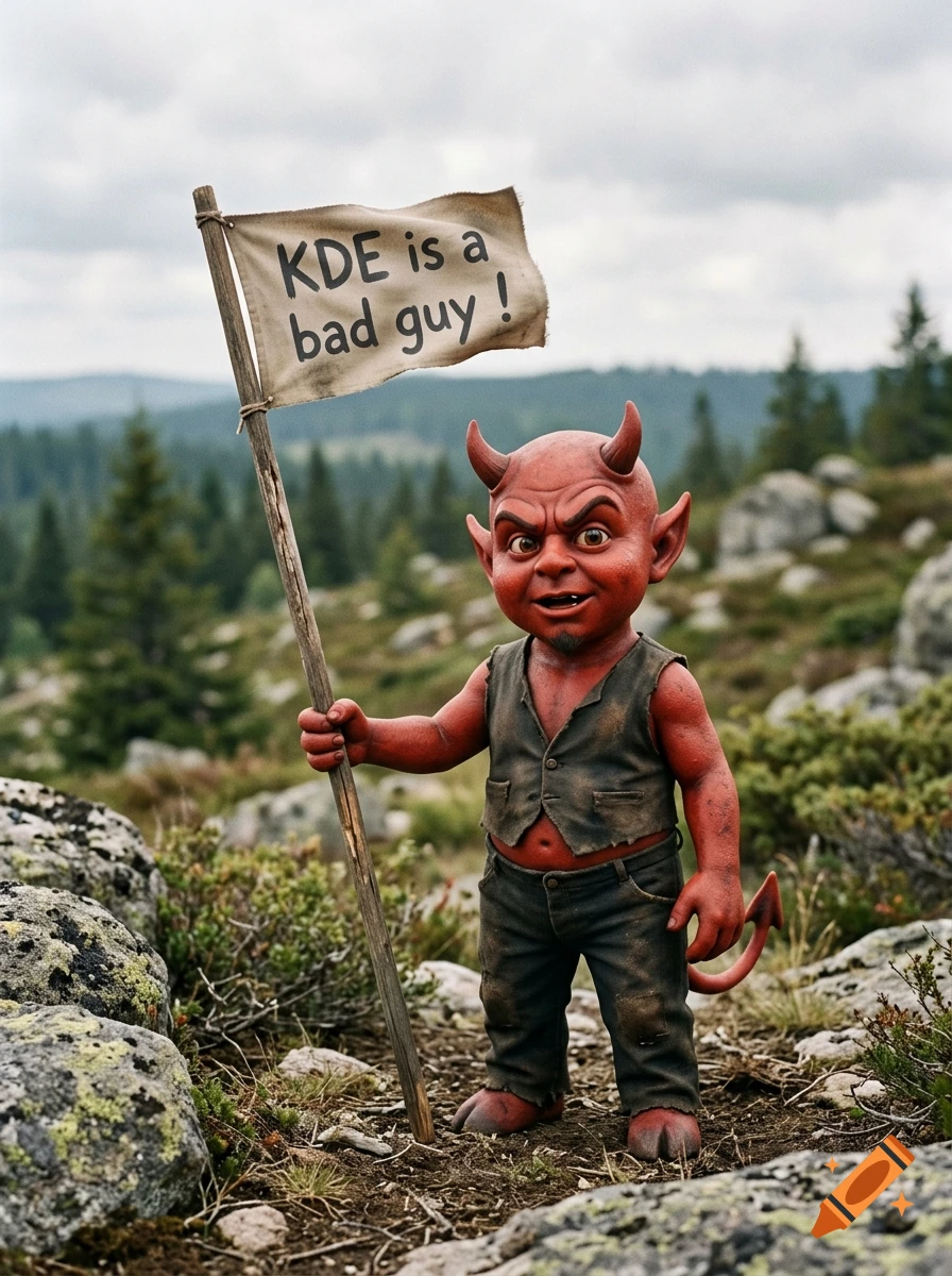 Photorealistic image of the FreeBSD red devil mascot standing in a rocky landscape holding a flag that reads 'KDE is a bad guy !'.