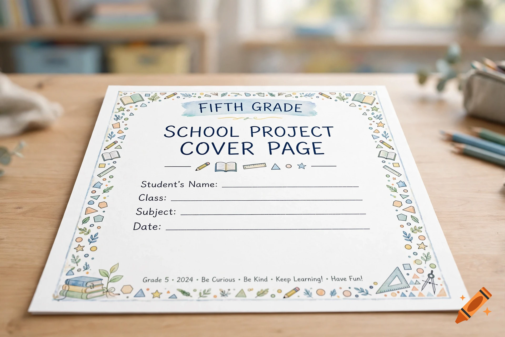 A school project cover page for fifth grade resting on a wooden table with school supplies in the background.