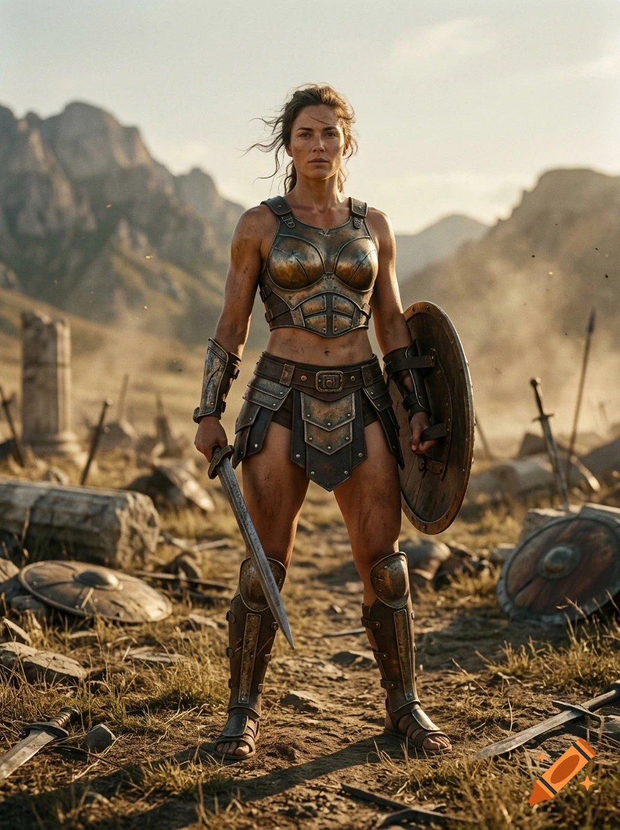 Photorealistic image of a female warrior in armor holding a sword and shield amidst a ruined landscape.