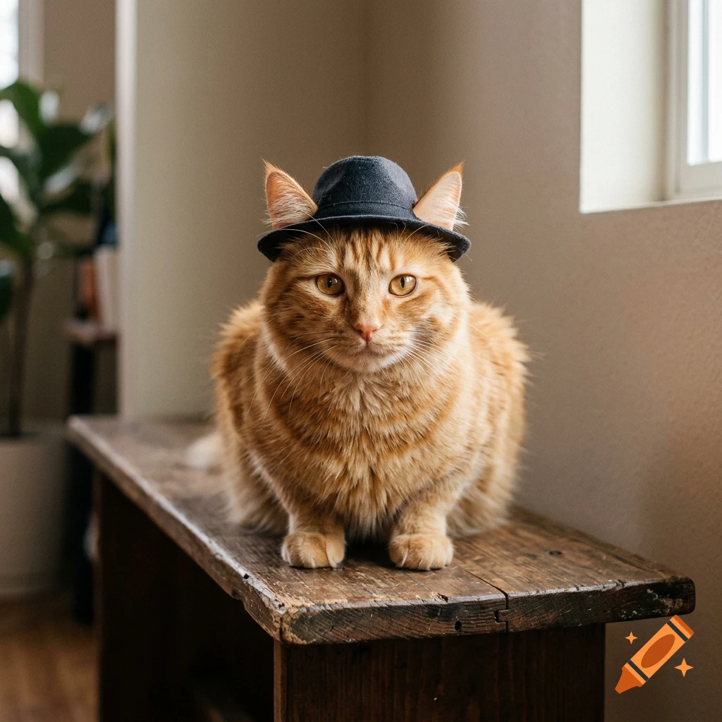An orange cat wearing a small black fedora, sitting on a rustic wooden bench indoors.
