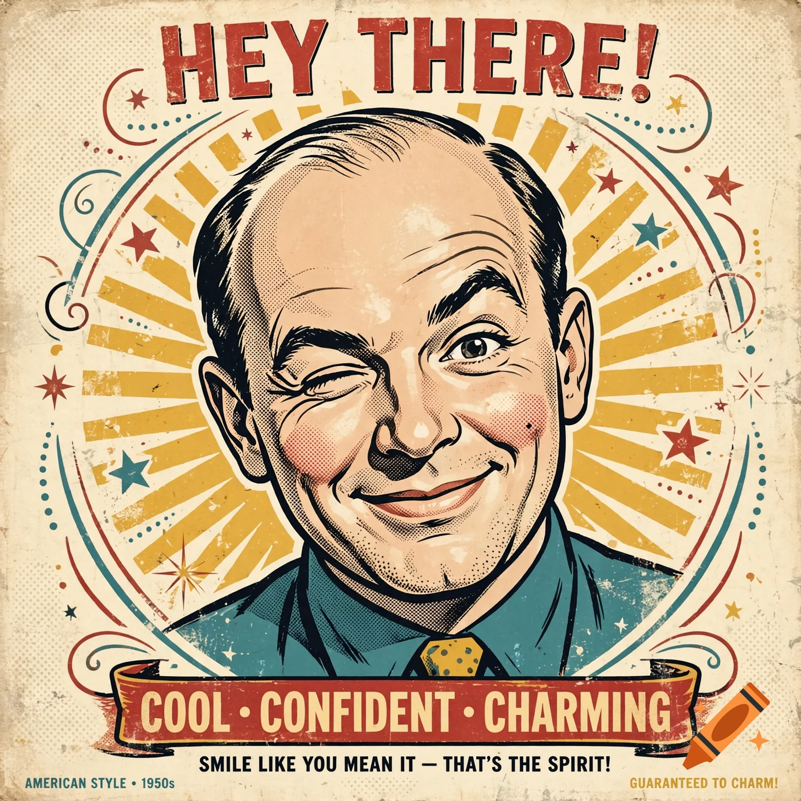 1950s style vintage cartoon advertisement featuring a balding man winking, with bold red and yellow retro typography.