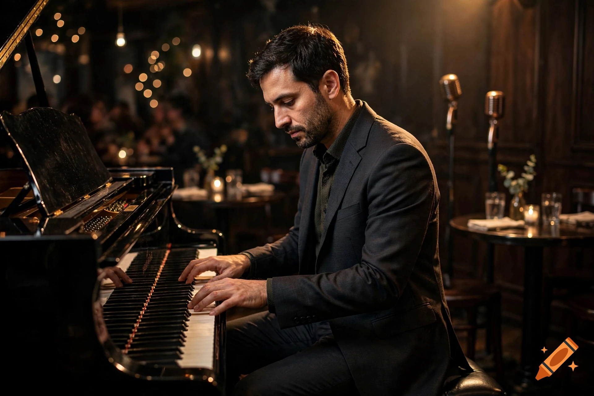 Photorealistic medium shot of a man with dark hair and a beard playing a grand piano in a dimly lit jazz club.