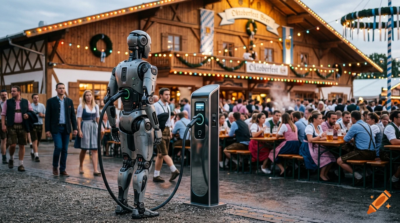 A humanoid robot plugged into a charging station in front of a crowded Bavarian Oktoberfest tent, photorealistic.