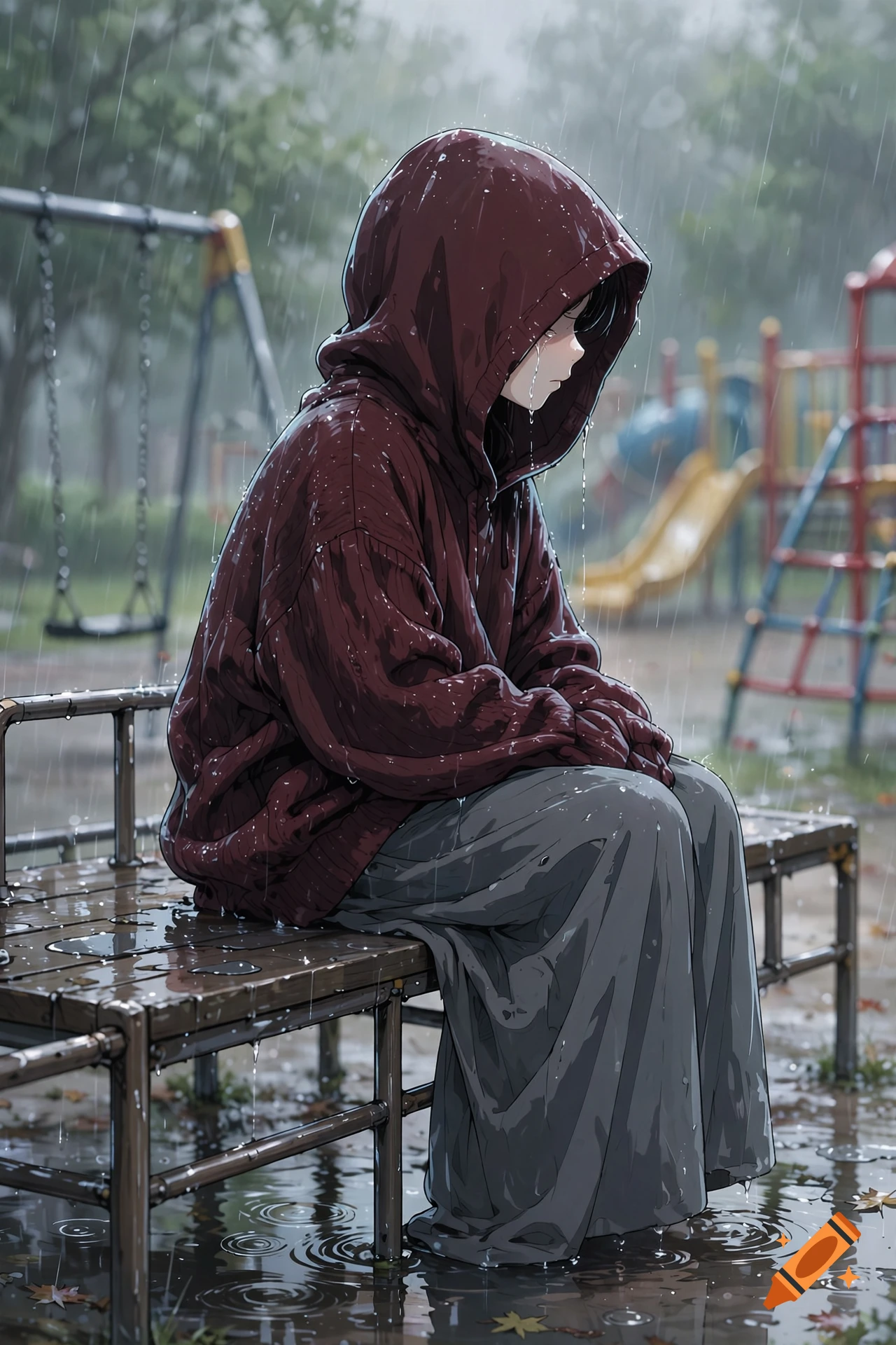 Anime style illustration of a person in a large maroon hoodie sitting on a playground bench in the rain, with a tear on their cheek.