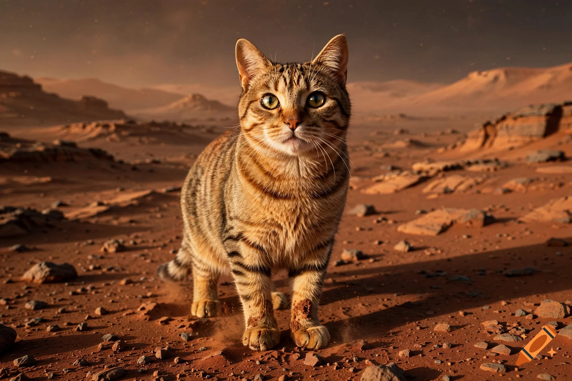 Photorealistic tabby cat standing on the rocky, dusty surface of Mars.