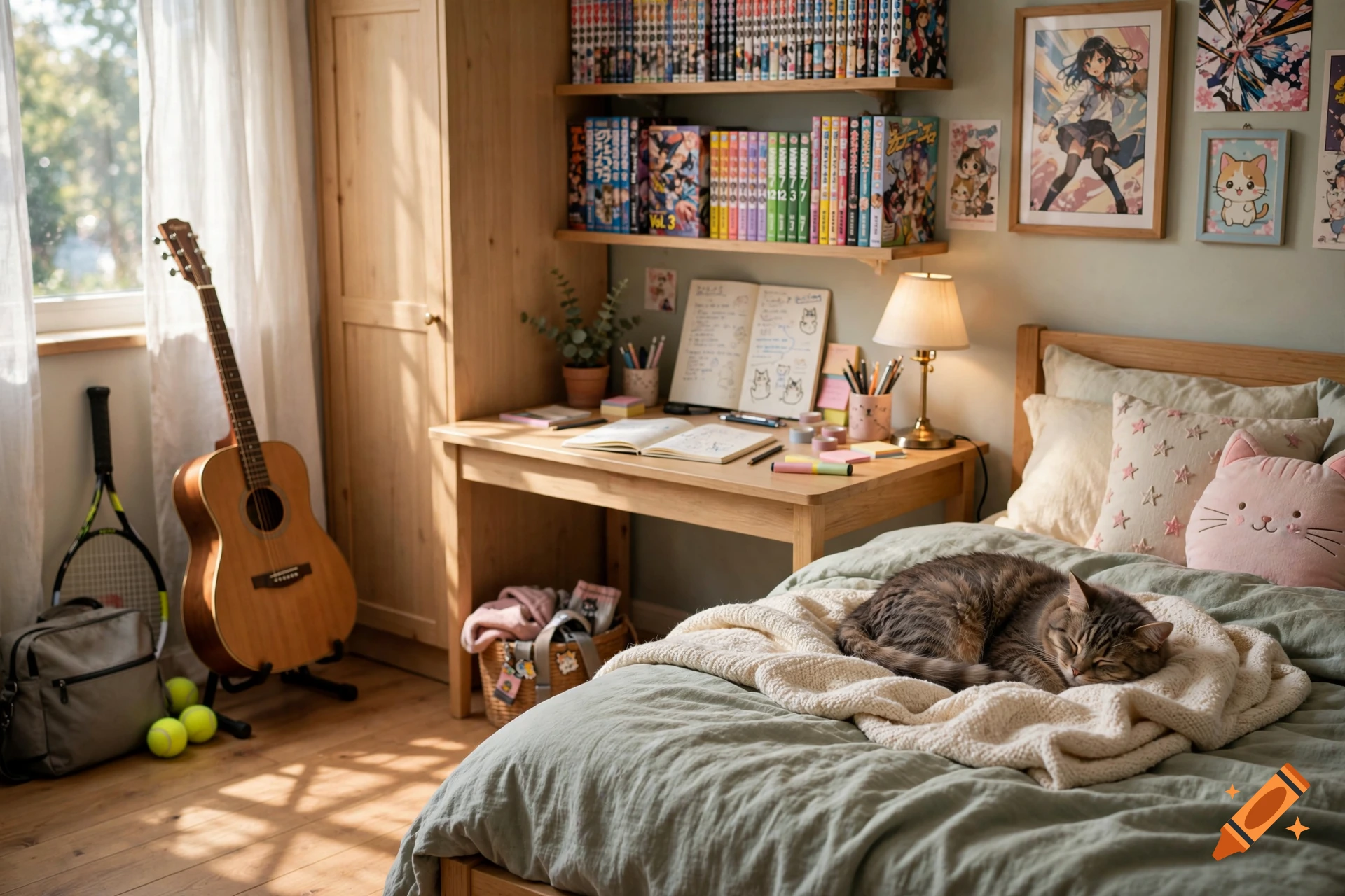 Photorealistic bedroom of a manga enthusiast with a sleeping cat on the bed, a desk with books, a guitar, and anime posters.