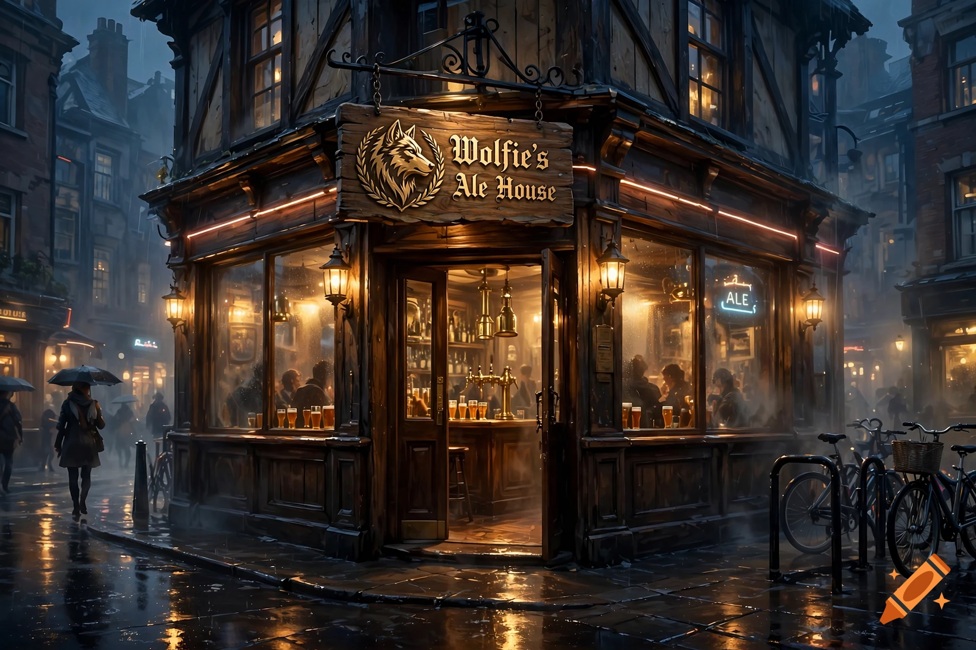 A rainy night scene of a lit-up corner pub named Wolfie's Ale House, with pedestrians and parked bicycles on the wet pavement.