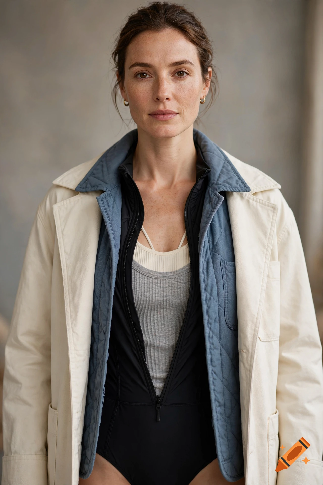Portrait of a woman wearing layered clothing including a beige coat, blue quilted jacket, and a black bodysuit over a ribbed top.