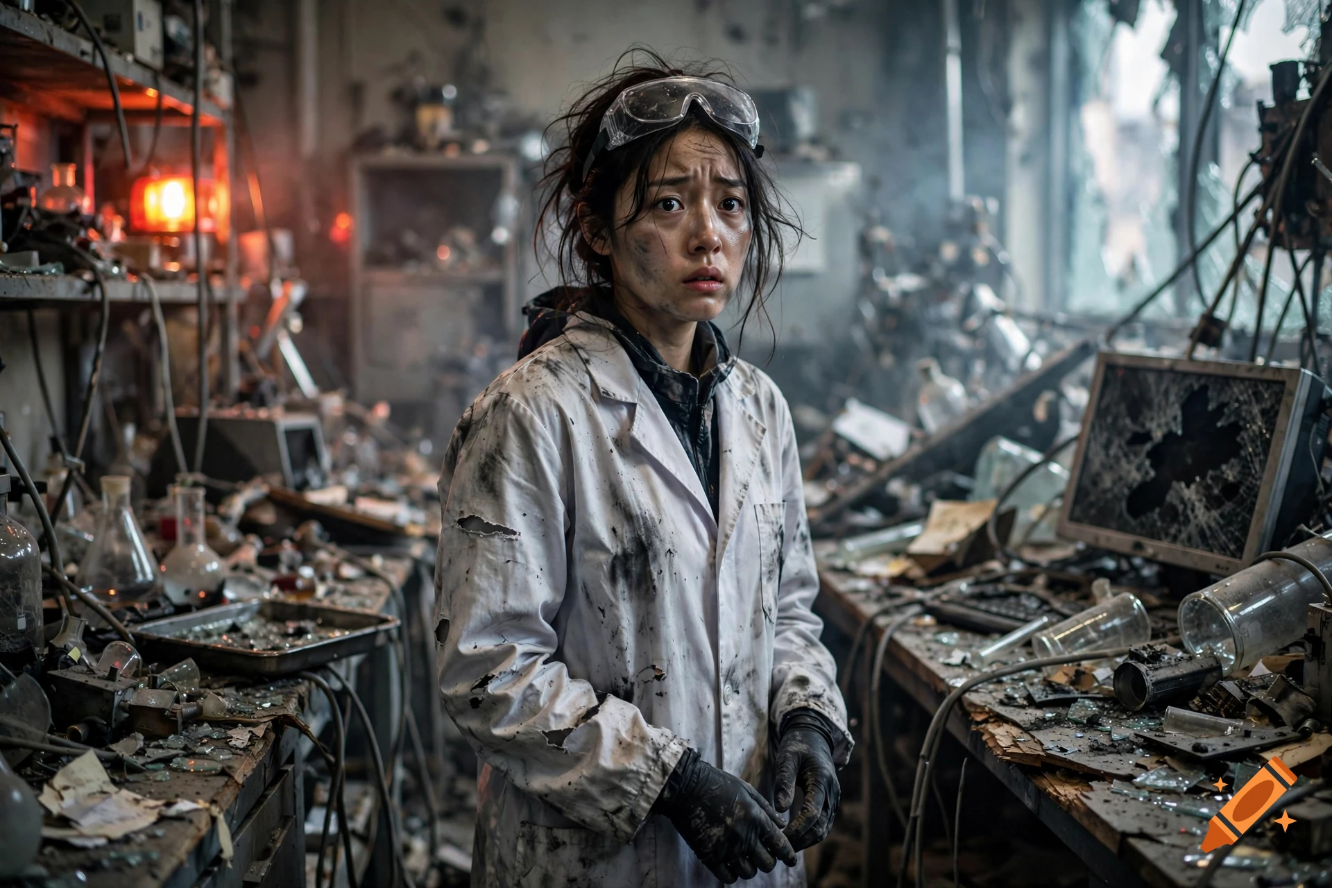 A distressed young female scientist in a ruined laboratory after an explosion, photorealistic style.