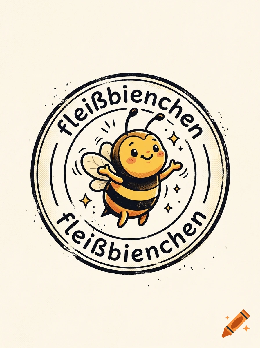 Circular stamp-style illustration of a cute, smiling cartoon bee with the German text 'fleißbienchen' around the border.