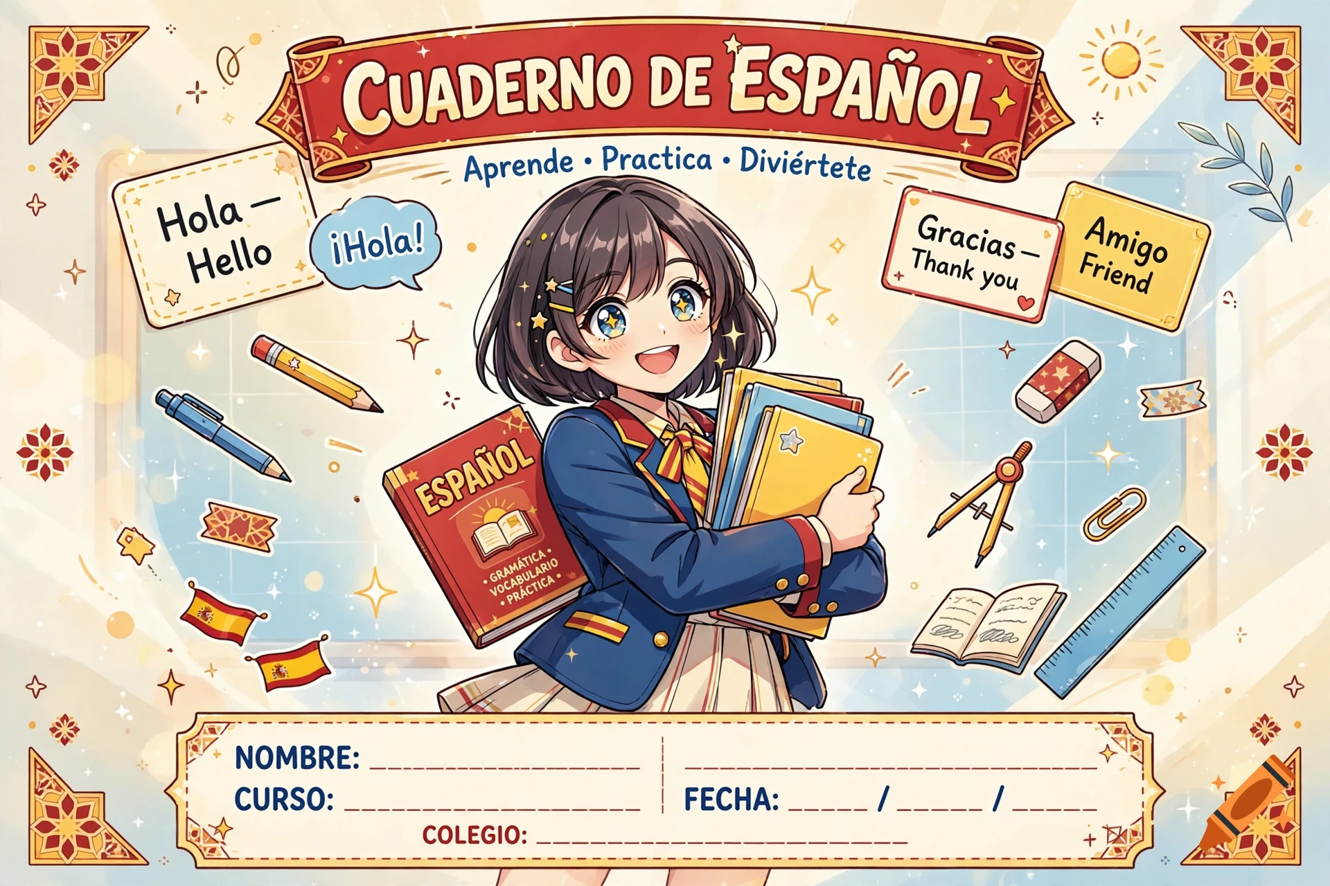 Anime-style illustration of a smiling schoolgirl holding Spanish textbooks, surrounded by school supplies and text in Spanish.