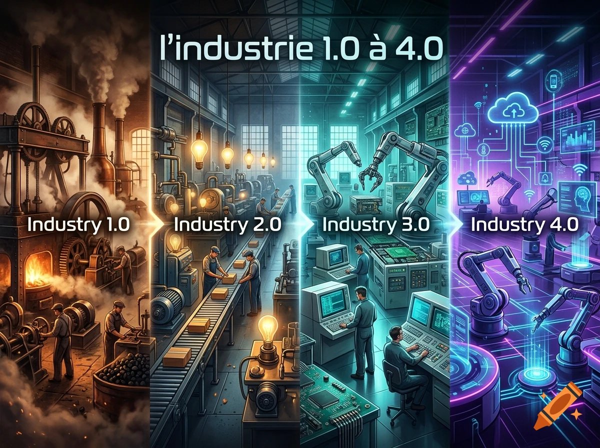 Illustration showing the evolution of industry from 1.0 to 4.0, featuring steam power, assembly lines, automation, and digital technology.