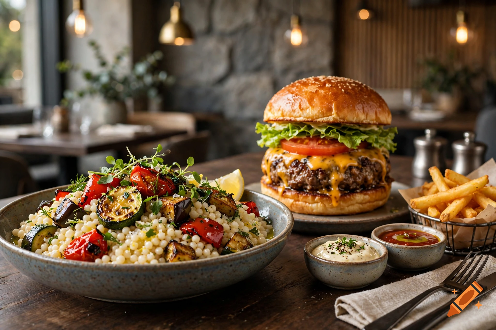 A close-up shot of a meal on a wooden table, featuring a large burger with melted cheese, a bowl of couscous salad with roasted vegetables, french fries, and dipping sauces.