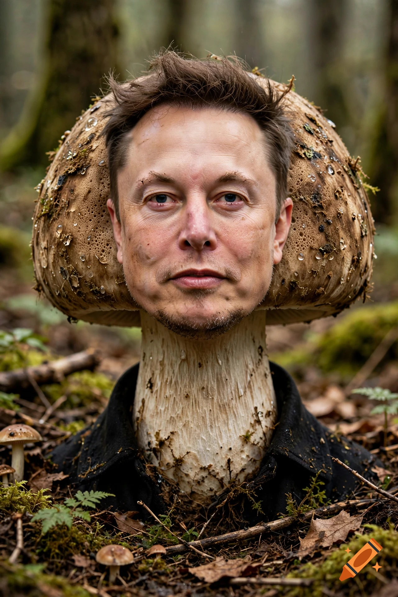 Photorealistic surreal image of Elon Musk's face blending into a large forest mushroom.