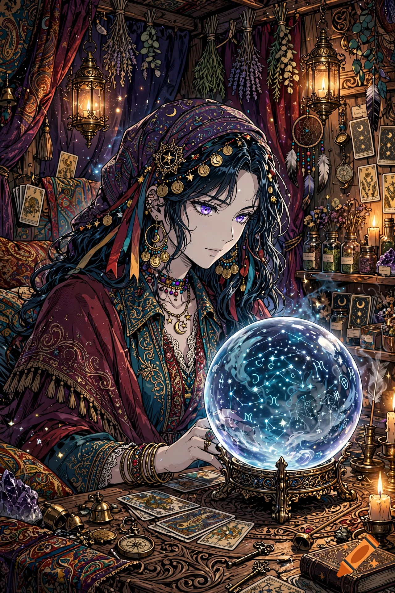 Manga style illustration of a fortune teller in a bohemian caravan reading a glowing crystal ball.