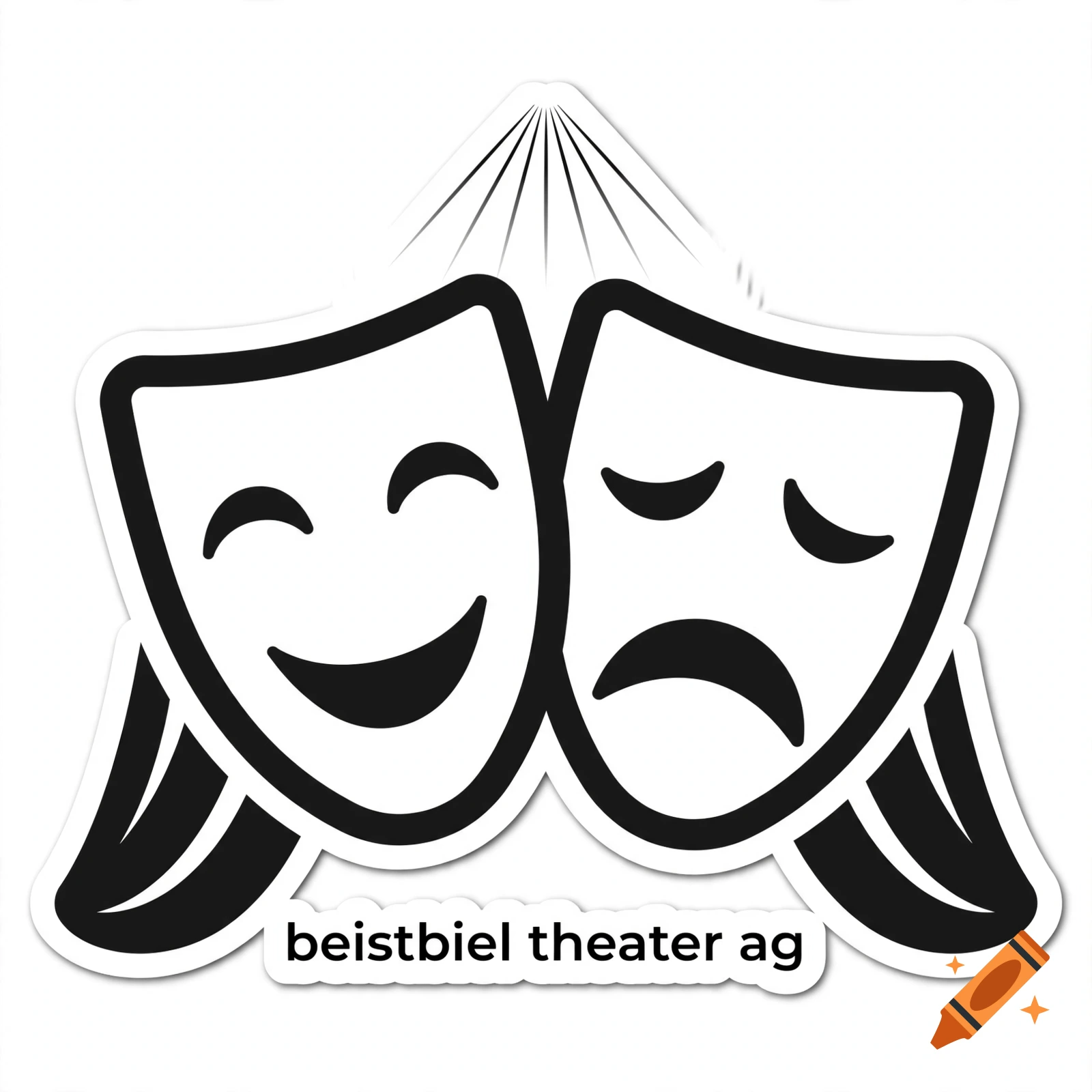 Black and white sticker of comedy and tragedy theater masks with text beistbiel theater ag below.