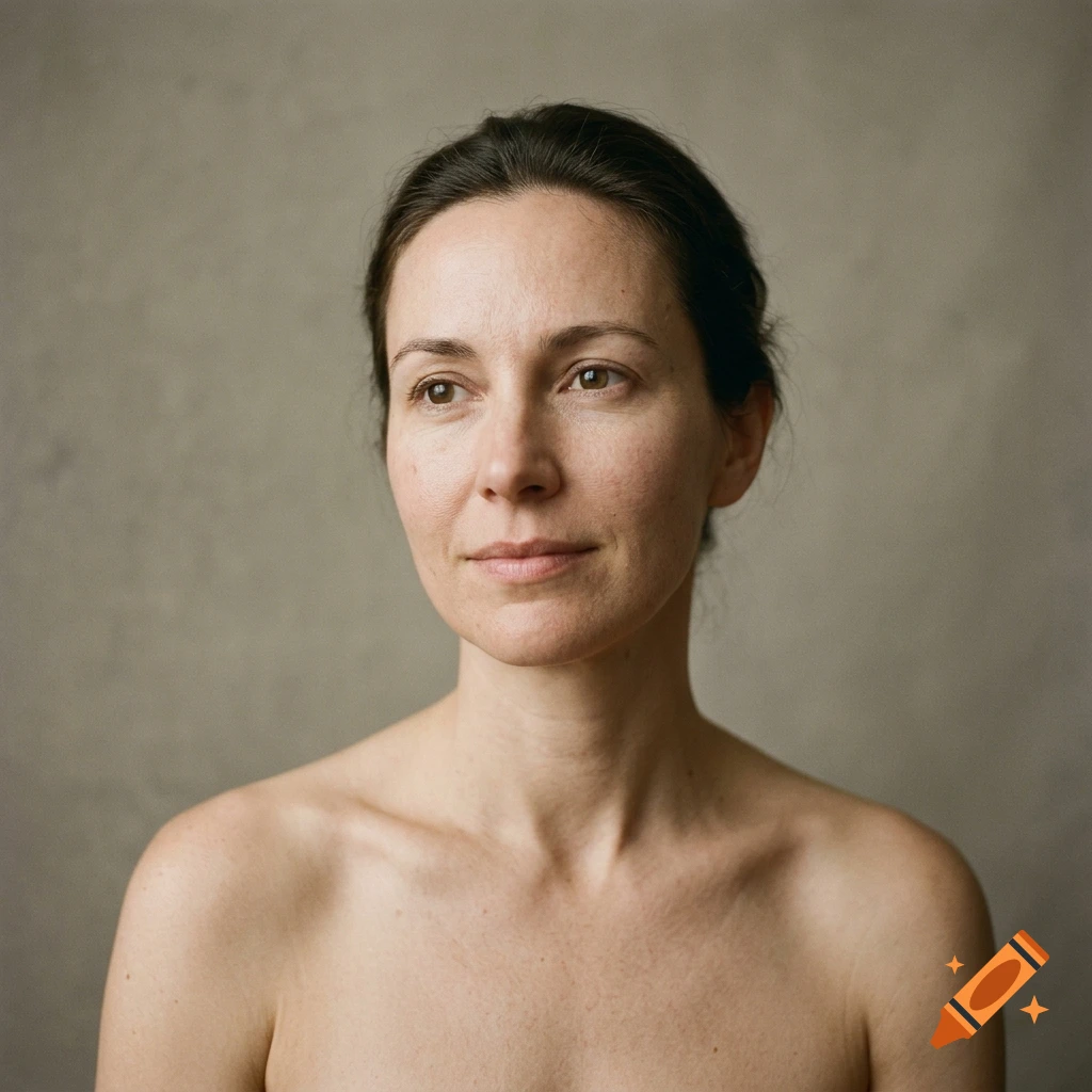 Photorealistic portrait of a woman with dark hair against a neutral textured background.