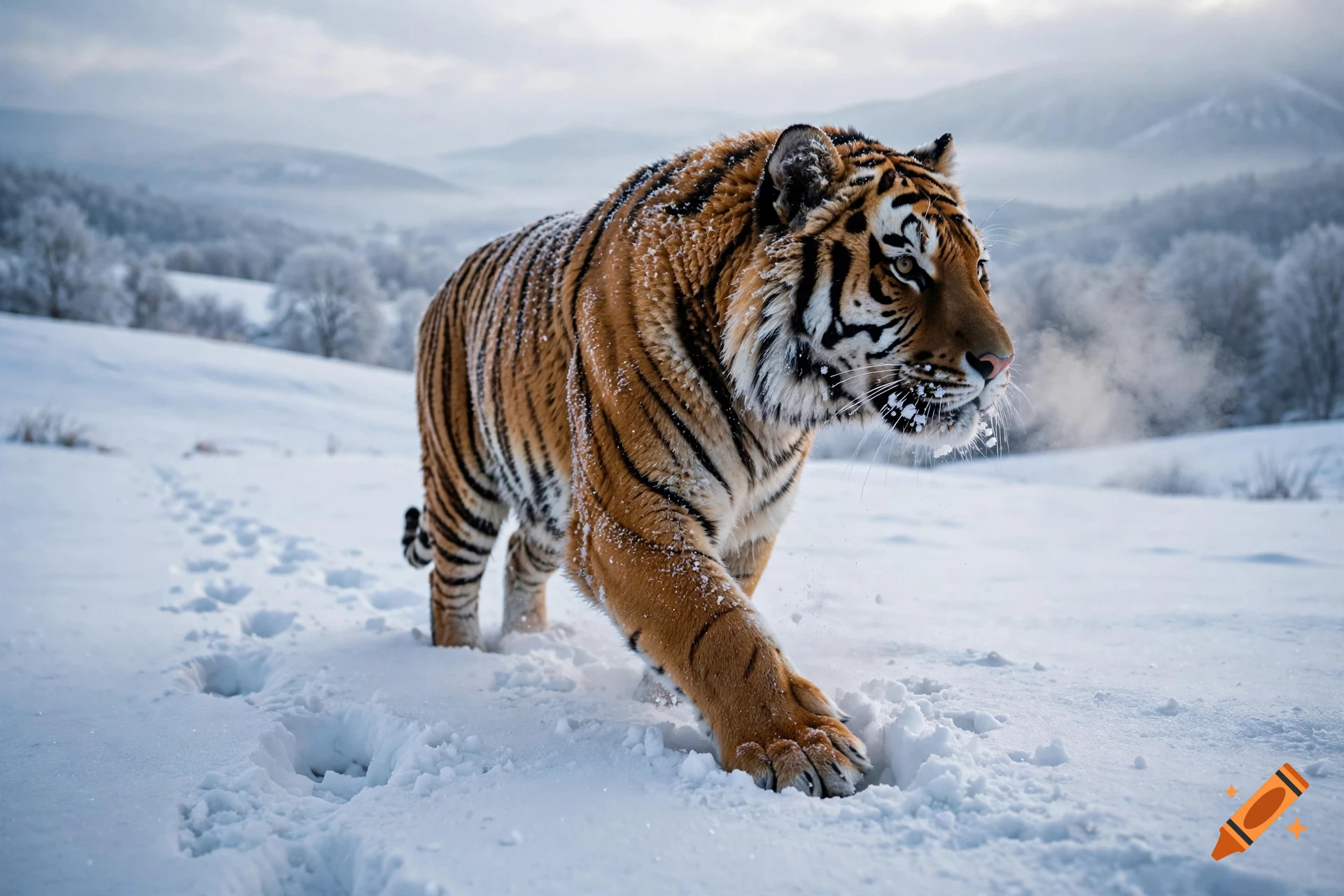 A majestic tiger walking through a snowy landscape with mountains in the background, photorealistic style.